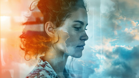 A woman with a blue background and clouds in the sky, AIの素材