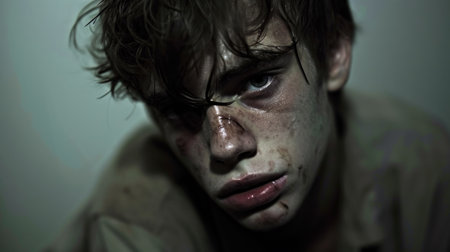 A close up of a man with blood on his face, AIの素材