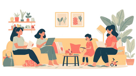 A group of people sitting on a couch with laptops, AIの素材