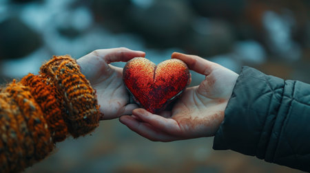 Two people holding hands with a red heart in between them, AIの素材