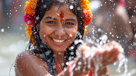A woman with flowers in her hair smiling while getting water thrown on her, AIの素材
