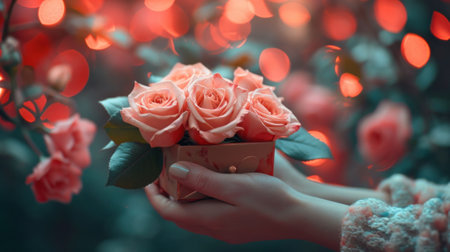 A person holding a box with roses in it on top of some lights, AIの素材