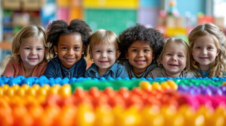 A group of children smiling and laying on top of a colorful toy, AIの素材