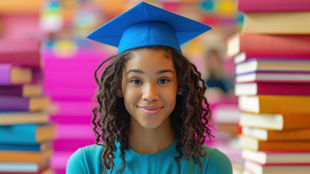 A young woman in a graduation cap smiling with books behind her, AIの素材