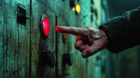 A person pointing at a button on an old wooden wall, AIの素材