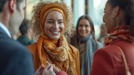 A woman in a scarf smiling at another person while they are talking, AIの素材