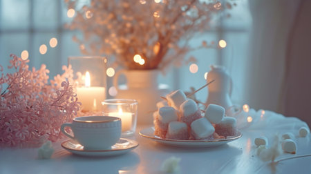 A table with a cup of coffee and marshmallows on it, AIの素材