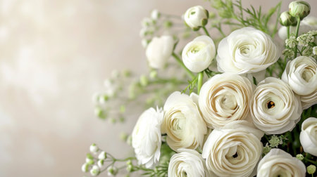 A bouquet of white flowers with green leaves and stems, AIの素材
