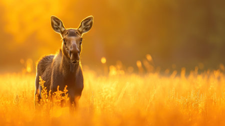 A deer standing in a field of tall grass with the sun behind it, AIの素材