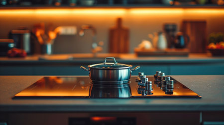 A pot on a stove top with some silverware sitting next to it, AIの素材