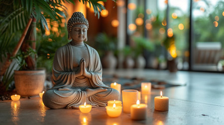 A buddha statue surrounded by candles and lit votives, AIの素材