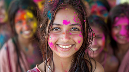 A group of girls with colored paint on their faces smiling, AIの素材