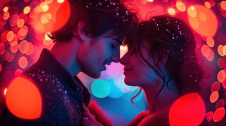 A couple kissing in front of a colorful background with lights, AIの素材