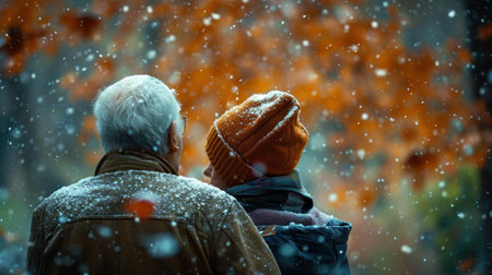 A man and woman standing in the snow with a tree behind them, AIの素材