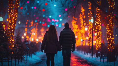 A couple walking down a path in the snow with lights on it, AIの素材