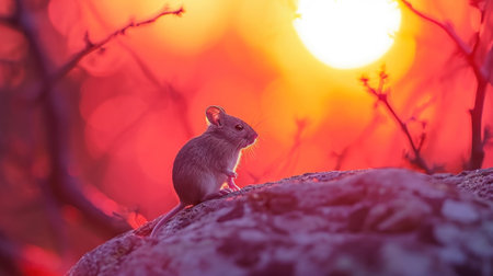 A small mouse sitting on top of a rock in front of the sun, AIの素材