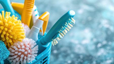A basket filled with cleaning supplies and brushes on a blue background, AIの素材