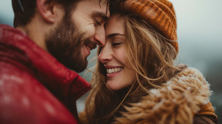 A man and woman smiling at each other while standing in the snow, AIの素材