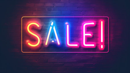 A neon sign that says sale on a brick wall, AIの素材