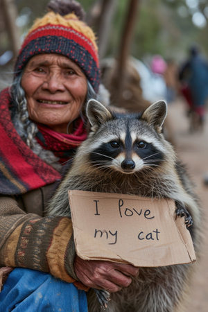 A raccoon is sitting on a womans lap holding up a sign, AIの素材
