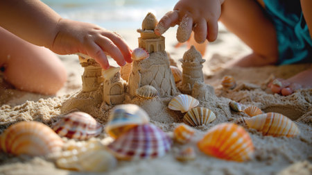 Two children building a sand castle on the beach with shells, AIの素材
