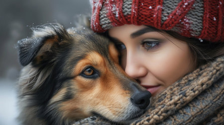 A woman in a hat hugging her dog with both hands, AIの素材