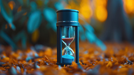 A small hourglass sitting on a pile of leaves in the fall, AIの素材