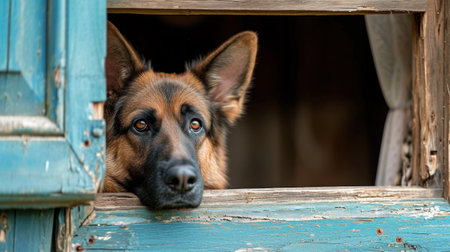 A dog looking out of a window with its head sticking through, AIの素材
