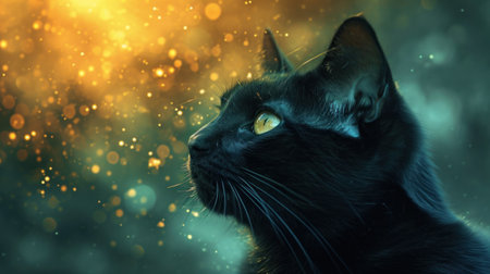 A close up of a black cat looking upward with golden light shining on it, AIの素材
