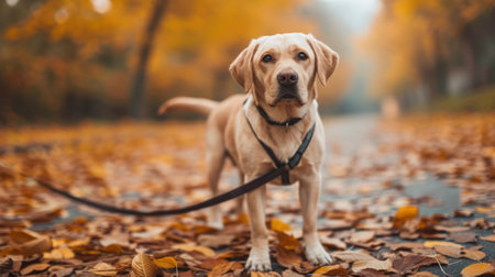 A dog on a leash standing in the middle of leaves, AIの素材
