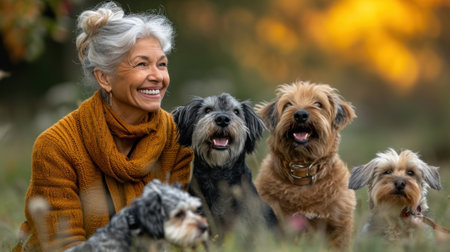 A woman with a smile and three dogs in the grass, AIの素材
