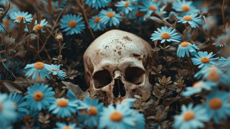 A skull surrounded by blue flowers in a field of daisies, AIの素材