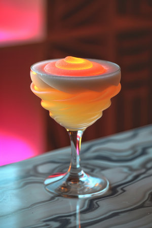 A close up of a drink sitting on top of a table, AIの素材
