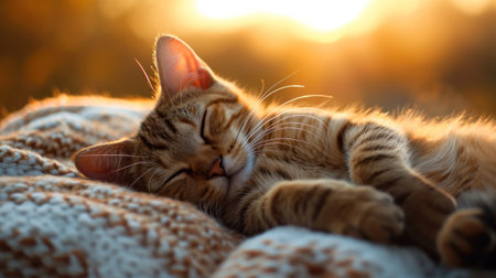 A cat sleeping on a blanket with its eyes closed, AIの素材