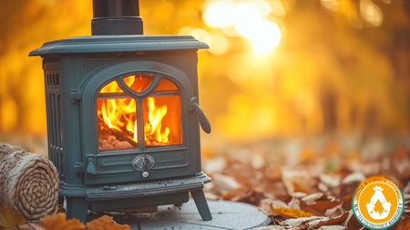 A small wood burning stove sitting on top of leaves, AIの素材