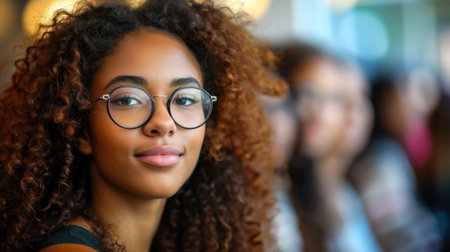 A woman with curly hair and glasses looking at the camera, AIの素材