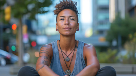 A woman sitting on the ground with her hands in front of herself, AIの素材