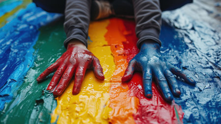 A person with their hands painted in different colors sitting on a colorful floor, AIの素材