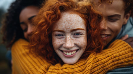A group of people hugging each other with a red haired woman in the middle, AIの素材