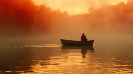 A person sitting in a boat on the water at sunset, AIの素材