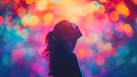 A woman with sunglasses looking up at a colorful background, AIの素材
