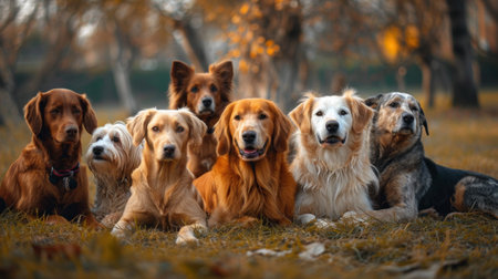 A group of a bunch of dogs sitting in the grass, AIの素材