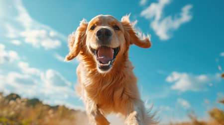 A dog running through a field with blue sky in the background, AIの素材