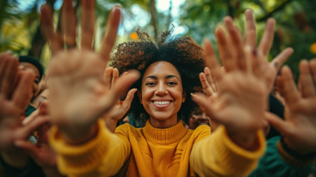 A woman with her hands up in the air, AIの素材