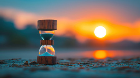 A sand clock with hourglass sitting on a beach at sunset, AIの素材