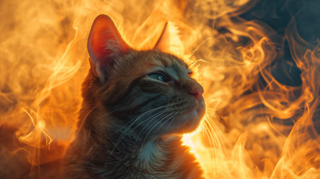 A cat sitting in front of a fire with flames around it, AIの素材