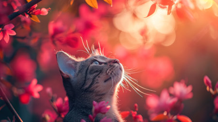 A cat looking up at the sky with pink flowers in background, AIの素材