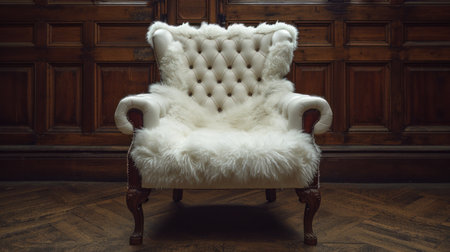 A chair with a fur seat in front of wooden floor, AIの素材