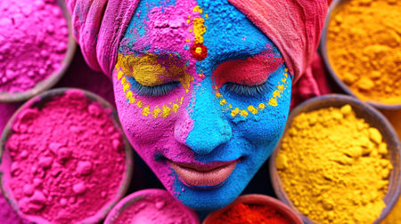 A woman with face painted in colorful powder surrounded by bowls of colored powders, AIの素材