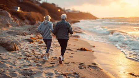 A couple of an older man and woman running on the beach, AIの素材